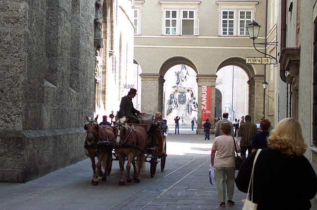 The Cathedral Arches, a taxi, and Peterskeller restaurant.