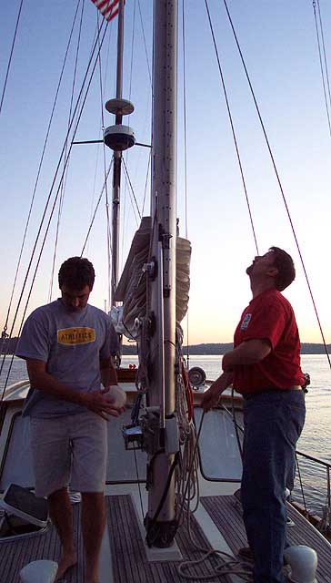 Here the tinkerers are tinkering with a makeshift ham radio antenna.